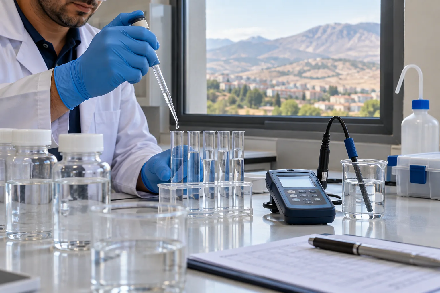 Laboratuvarda su numunesinin pipet ve ölçüm cihazıyla incelenmesi